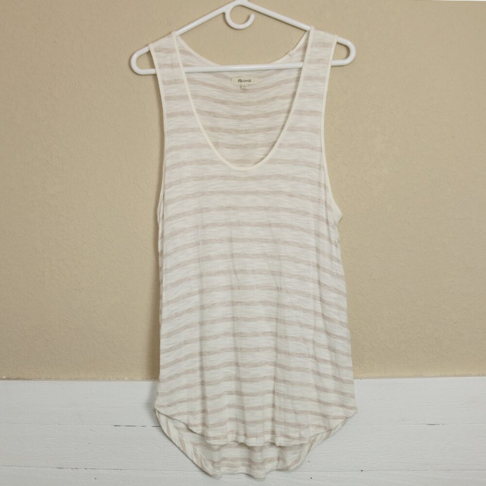 Madewell Scoop Neck Striped Tank Top 100% Viscose Semi-Sheer Neutral Sz Large L